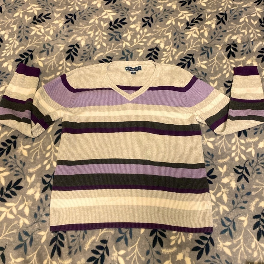 Purples, Grays & White Striped Size Medium V-neck Sweater Top